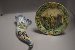 A European Quimper style wall pocket in form of cornucopia horn and a 19th Century French majolica