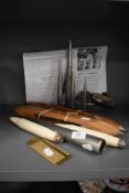 A selection of cotton factory mill workers tools including rope splicers, Boyce weavers knotter