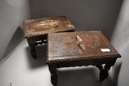 Two late 19th or early 20t Century oak apprentice piece style stools or refectory tables having