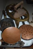 A mixed lot of vintage and antique kitchenalia including trivet,enamel tray and chestnut roaster.