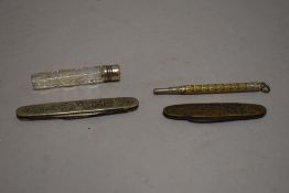 Two souvenir pocket or pen knives a propelling pencil and snuff container
