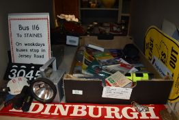 Two boxes of transport related items including Enamel Sign 373, Stagecoach Fleet Plates, BR Bardic