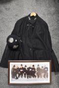 A vintage police tunic, Lancashire constabulary helmet (made for a child)and a related print