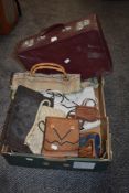 An assortment of handbags etc , including leather coin purse and macrame bag
