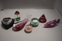 A selection of paperweights etc including Rosenthal, millefiori and Langham signed fish