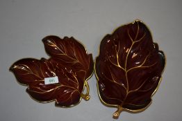 Two 1930s Carlton ware 'Rouge Royale' dishes in the form of leaves.