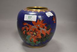 A cloisonne vase, ginger jar form, having typical foliate and bird decoration, on blue ground,