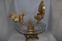 A French style fruit bowl having foliate base, etched glass now and ormolu fighting cocks