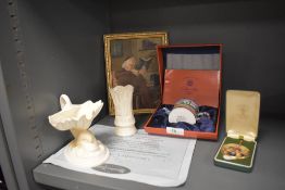 A small selection of collectables including miniature teapot, Crown Staffordshire medallion, Royal