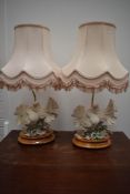 A pair of modern/vintage table lamps, modelled as kissing doves, Capo di Monte style, labelled G