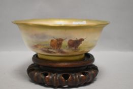 A Royal Worcester fruit bowl hand decorated with highland cattle signed H Stinton some wear to inner