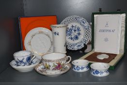 A selection of retrospective Meissen items including commemorative plaque and a Dresden cup and