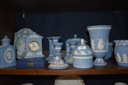 A large collection of Wedgwood jasperware including clocks