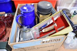 A selection of kitchen hardware and similar including two art deco photo frames and carving set by