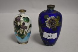 Two small cloisonne vase one having deep blue ground being AF and similar guilloche worked enamel