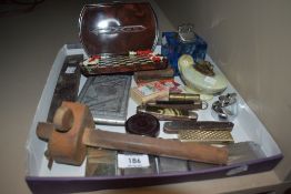 A selection of vintage lighters including heavy blue glass desk top lighter and lustre finish desk