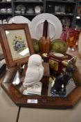 A late 19th/ early 20th century oak framed bevelled glass mirror, two jewellery boxes a pair of book