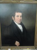 A pair of 19th century style oil on canvas portraits, a lady and gentleman in period attire,