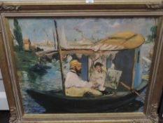 After Claude Monet, a large modern oleograph print, 'Monet Dans Son Bateau Atelier' within a large