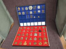 Two display cases containing Forty Nine metal Military Cap badges including Prince of Wales Vols,