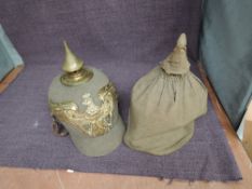A WW1 German Prussian Ersatz felt Pickelhaube having brass spike, helmet plate Mit Gott Fur Koenig