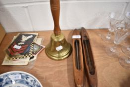 Two industrial cotton mill shuttle looms and a brass hand bell