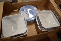A set of five chinoiserie pattern plates by Stoke on Trent and two tureens by Old Chelsea