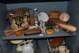 A selection of treen items including two Morecambe Mauchline ware containers, an Aboriginal