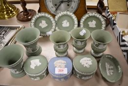 A selection of sage green Jasperware by Wedgwood