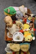 A selection of childrens cuddly soft toys and teddy bears with a Shelley baby plate
