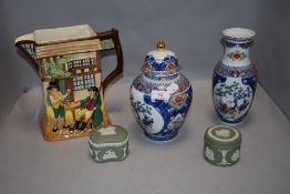 A Royal Doulton Dickens ware series jug along with Jasperware and two oriental vase