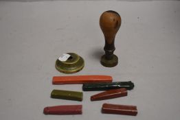 An antique brass headed letter stamp for the Sheriff of Westmoreland with crest emblem etc