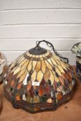 A large modern Tiffany style leaded light pendant shade with dragonfly pattern