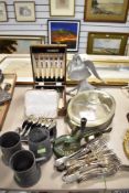 A selection of table wares and cutlery including pewter tankards, forks, and fish set