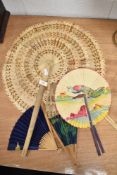 A selection of hand fans including mid century printed BOAC speed bird fans