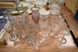 A selection of Victorian and later glass wares including four baluster stem cordial glasses and