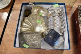 A selection of silver plated metal wares including toast rack and hip flask