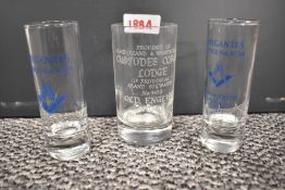 Three 20th century Masonic firing glasses including etched Custodes Copiae Lodge glass