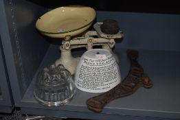 A selection of kitchen wares including Brown and Polson's transfer printed Blanc-Mange mould