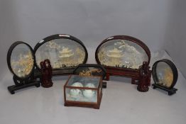 Five early 20th century hand carved caulk wood dioramas of fantasy landscapes etc