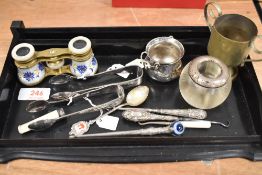 A selection of silver plated items including vesta and guilloche enamel opera glasses