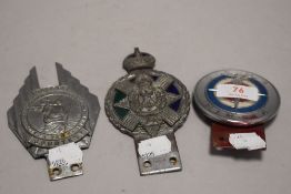 Three motor car hood engine or radiator badges one O.R.M.A member, A Safety badge and one Scottish
