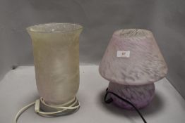 Two vintage glass side or table lamps one purple mottled mushroom form and a frosted glass
