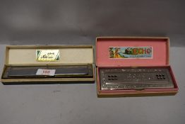Two 20th century harmonicas one Echo by Hohner and similar both with case