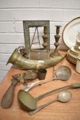 A selection of hardware including pierced picture frame, hunting style horn and candle sticks