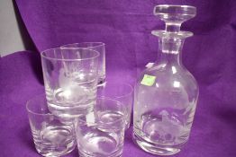 A set of six Stuart Strathearn 8oZ rummer glasses with decanter all having game bird etched imagery