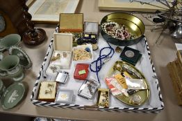 A selection of costume jewellery including cufflinks, opera glasses, ear rings etc