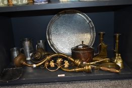 A selection of metal wares including candle sticks, pewter tray and LRI Borrowdale bowl