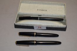 Three Parker fountain pens. A Parker Lady Duofold, Parker Slimfold and a boxed Parker 45