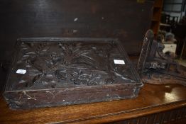 A Victorian carved oak letter rack with similar wall sconce
